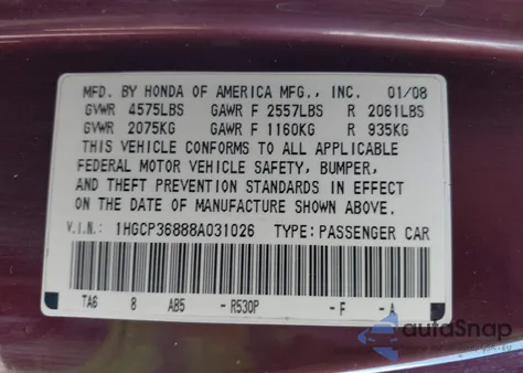2008 Honda Accord 3.5 Ex-L из США, поврежденный, VIN 1HGCP36888A031026